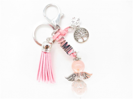 Angel gemstone keychain roze quartz 'family'