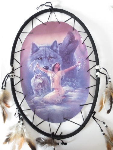 Oval Dreamcatcher Meditating woman with wolves