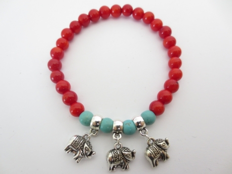 Red Coral Bracelet with 3 elephants pendants