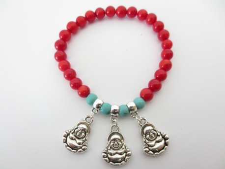 Red Coral Bracelet with 3 Buddha pendants