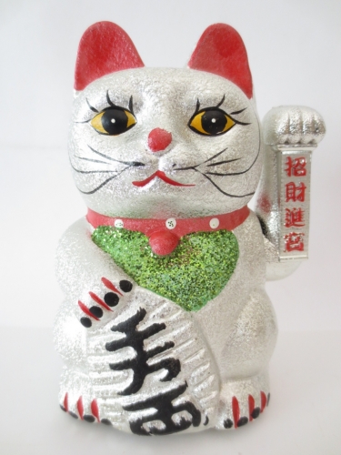 Lucky Cat glitter silver with moveable arm small