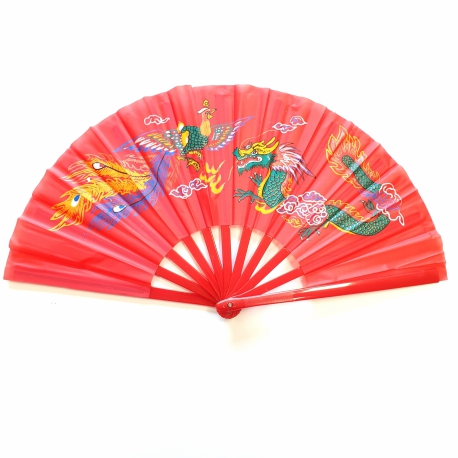 Wholesale - Tai Chi fan red with dragon & phoenix