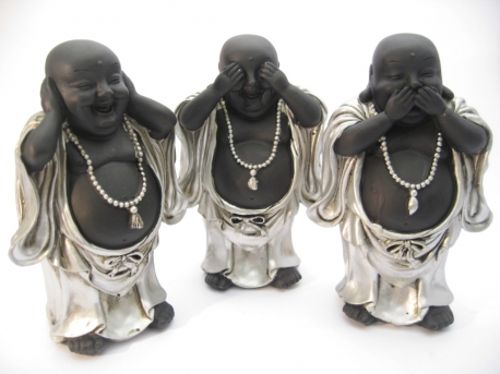 Wholesale - Medium hear, see, silence laughing Buddha silver/black standing