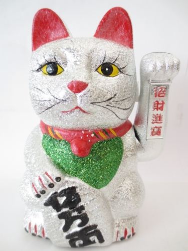 Lucky Cat glitter silver with moveable arm large