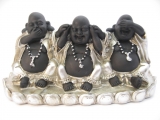 small hear, see, silence laughing Buddha silver/black on plate