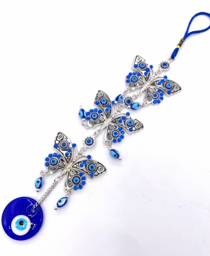 blue evil eye pendant with 3 butterflies