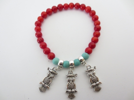 Red Coral Bracelet with 3 owls pendants