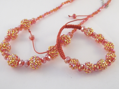 Imitation Shamballa bracelet & necklace set red