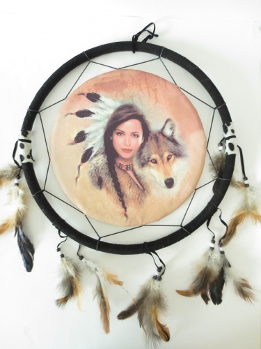 40cm Dreamcatcher Indian woman with wolf