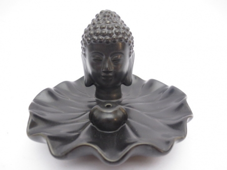 Incense holder black porcelain buddha head on plate