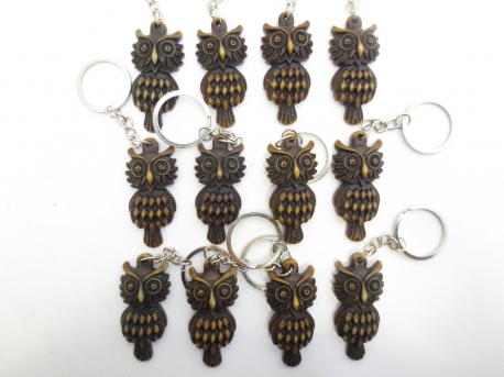 Polystone owl keychain set of 12 brown