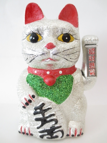 Lucky Cat glitter silver with moveable arm medium