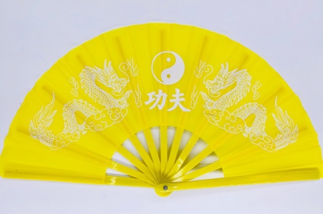 Tai Chi fan yellow with dragons and Yin Yang