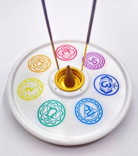 7 chakra round incense holder white