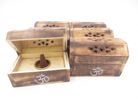 Wooden Incense Cone Box Antique Om (6 pcs)