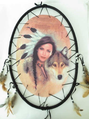 Oval Dreamcatcher Indian woman with wolf