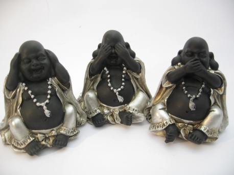 small hear, see, silence laughing Buddha silver/black