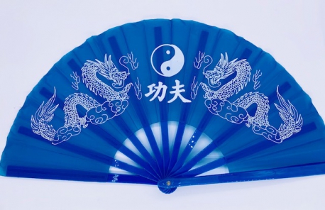 Tai Chi fan blue with dragons and Yin Yang