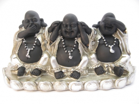 Wholesale - Small hear, see, silence laughing Buddha silver/black on plate