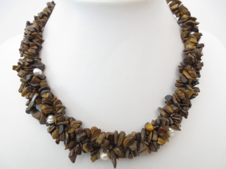 Middle stone necklace tiger-eye with pearls