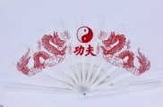 Tai Chi fan white with dragons and Yin Yang