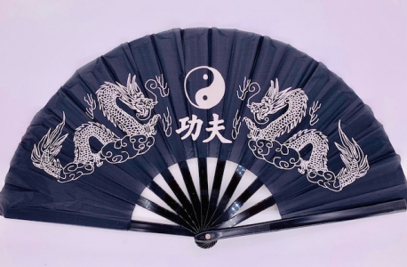 Tai Chi fan black with dragons and Yin Yang