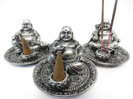 Happy Buddha Set of 3 Incense Holders silver